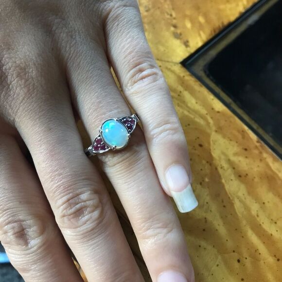 Natural Ethiopian Welo Opal Ruby Sterling Silver Ring Size 9 - Picture 2 of 8